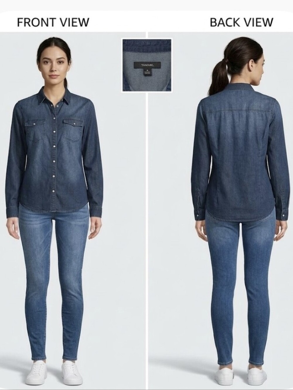 TAHARI Dark Wash Denim Snap Button Down Western Shirt Size Large